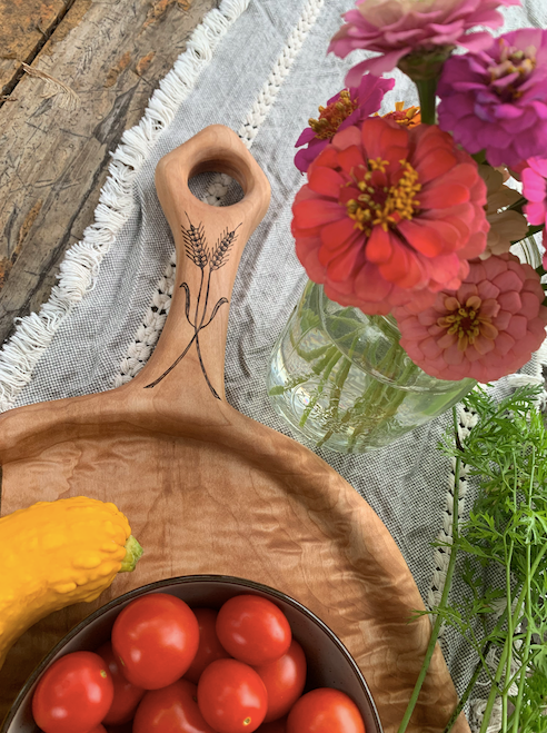 Handcrafted Maple Serving Board with Wheat Detail – One of a Kind Charcuterie Board (The Dinner Bell)