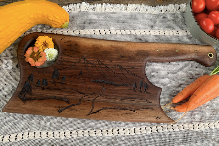 Handcrafted Black Walnut Serving Board: Mountain Landscape Hand Saw Design (Promised Land)