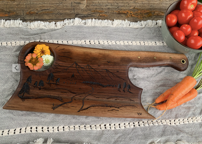 Handcrafted Black Walnut Serving Board: Mountain Landscape Hand Saw Design (Promised Land)