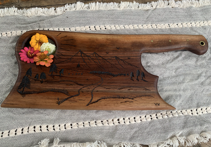Handcrafted Black Walnut Serving Board: Mountain Landscape Hand Saw Design (Promised Land)
