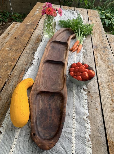 Handcrafted Walnut Serving Tray: 40" Carved Sections, Ergonomic Handle (The Gathering Tray)