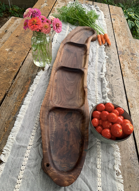 Handcrafted Walnut Serving Tray: 40" Carved Sections, Ergonomic Handle (The Gathering Tray)