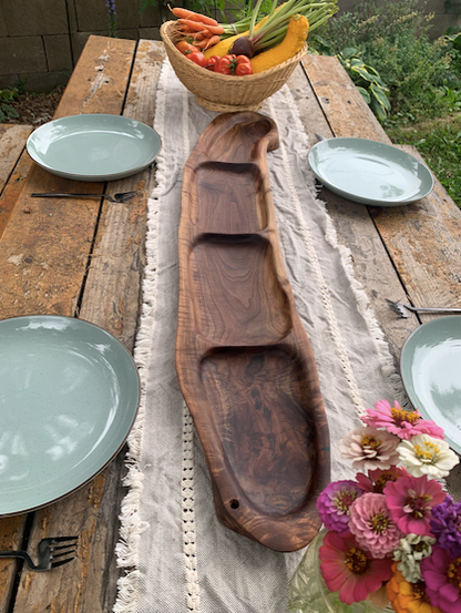Handcrafted Walnut Serving Tray: 40" Carved Sections, Ergonomic Handle (The Gathering Tray)